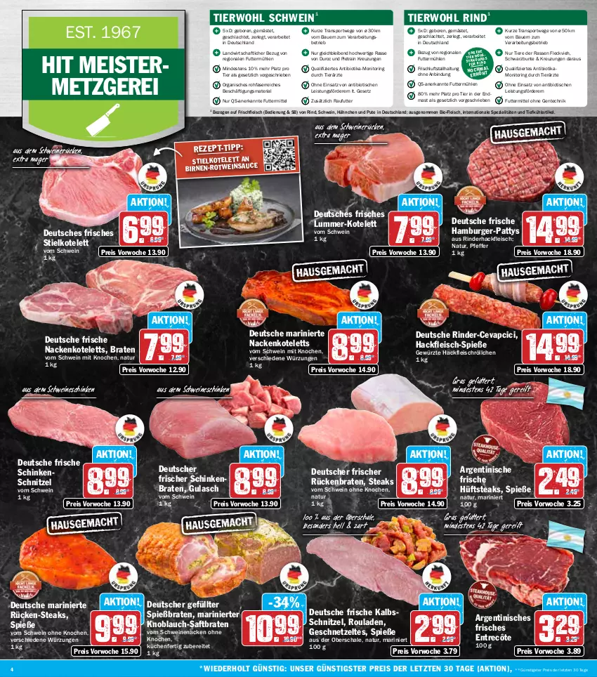 Aktueller Prospekt Hit - Wochenprospekt - von 12.05 bis 17.05.2025 - strona 4 - produkty: auer, Bau, Bauer, bio, Birnen, braten, burger, cevapcici, eis, ente, entrecôte, fleisch, Geflügel, geschnetzeltes, gewürz, gulasch, hackfleisch, hamburger, hüftsteak, hüftsteaks, kalbsschnitzel, knoblauch, kotelett, küche, Küchen, Meister, monitor, nackenkoteletts, natur, pfeffer, pute, reis, Ria, rind, rinder, rinderhackfleisch, ring, rotwein, rouladen, Rückenbraten, saft, sauce, Schal, Schale, schinken, schinkenbraten, schinkenschnitzel, schnitzel, schwein, schweine, schweinenacken, schweinerücken, Spezi, Sport, steak, steaks, Ti, Tiere, tisch, vom schweinenacken, wein, weine, Zelt, ZTE