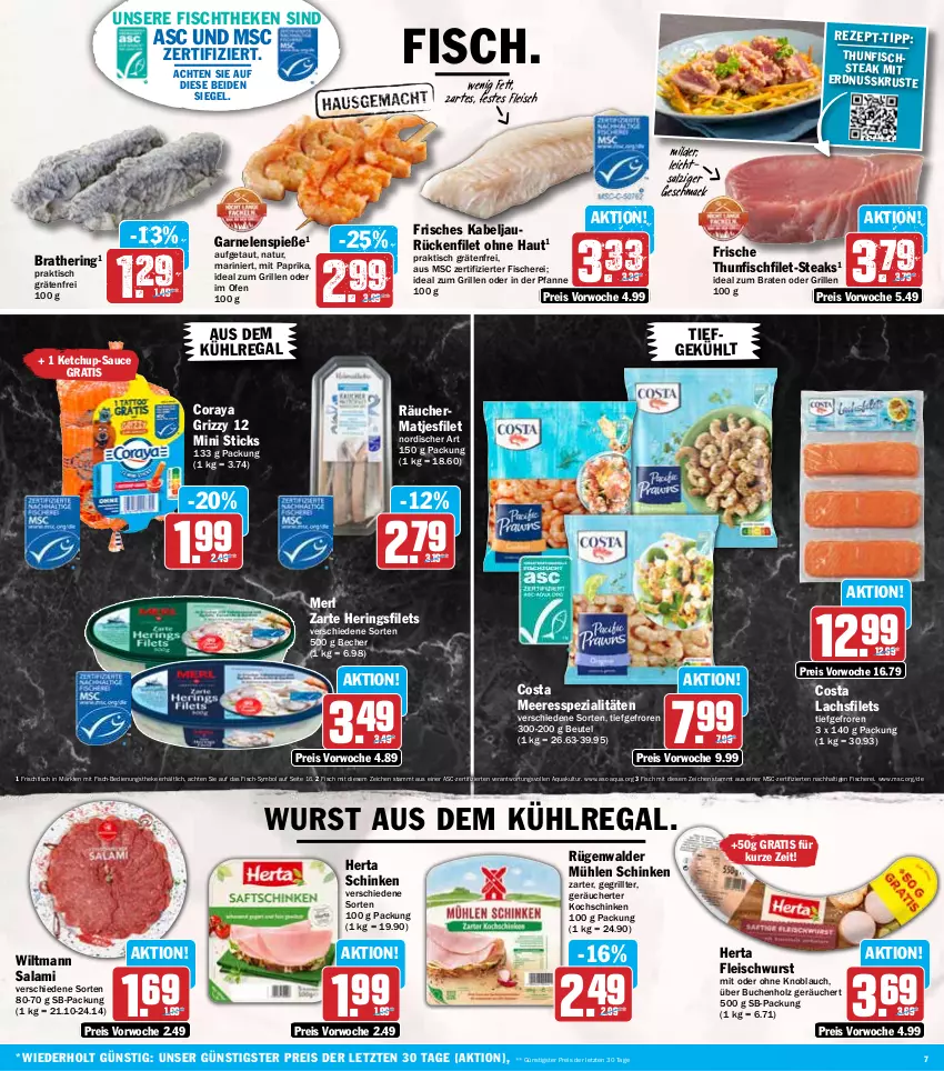 Aktueller Prospekt Hit - Wochenprospekt - von 12.05 bis 17.05.2025 - strona 7 - produkty: aqua, aus dem kühlregal, Becher, beutel, braten, buch, eis, erdnuss, filet, filets, fisch, fische, Fischer, fischtheke, fleisch, fleischwurst, frischfisch, garnelen, grill, hering, Herings, heringsfilets, herta, Holz, ideal zum braten, ideal zum grillen, ketchup, knoblauch, kochschinken, kühlregal, lachs, lachsfilet, lachsfilets, mac, matjes, Matjesfilet, merl, mit oder ohne knoblauch, mit paprika, mühlen schinken, natur, nuss, Ofen, paprika, pfanne, regal, reis, ring, rügenwalder, rügenwalder mühle, salami, salz, sauce, Schere, schinken, Spezi, steak, steaks, thunfisch, Ti, tisch, wiltmann, wurst, ZTE