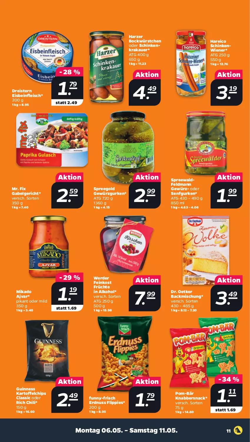 Aktueller Prospekt Netto - Woche 19 - von 06.05 bis 11.05.2024 - strona 11 - produkty: Ajvar, alkohol, auer, backmischung, chili, chips, Dr. Oetker, dreistern, eis, erde, erdnuss, feinkost, fleisch, flippies, früchte, funny-frisch, gabel, gewürz, Gewürzgurke, gewürzgurken, Guinness, gurke, gurken, kartoffel, kartoffelchips, KnabberSnack, krakauer, LG, mikado, nuss, pom-bär, reis, schinken, schinkenkrakauer, senf, snack, Ti, wiener, würstchen