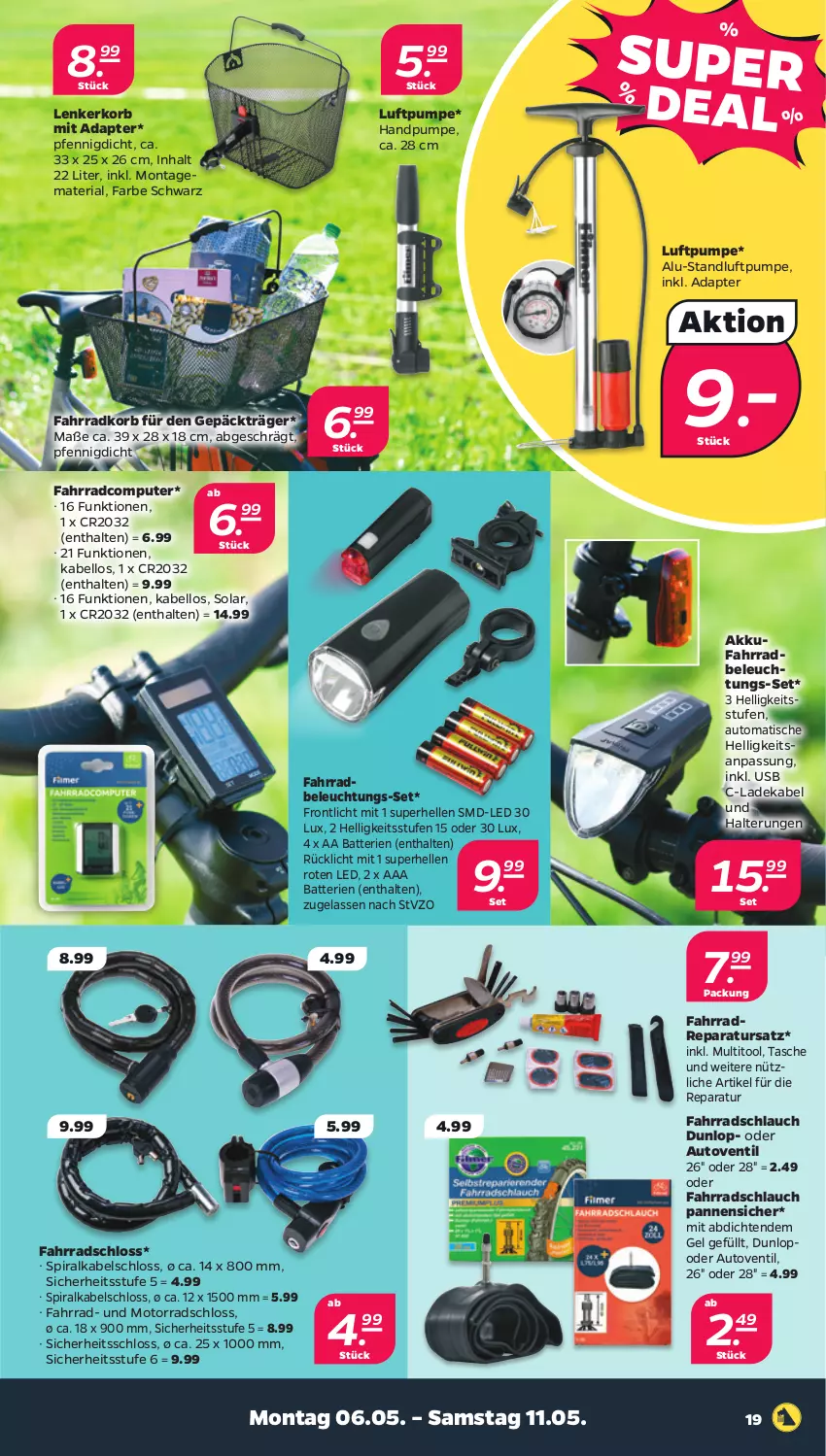 Aktueller Prospekt Netto - Woche 19 - von 06.05 bis 11.05.2024 - strona 19 - produkty: adapter, akku, auto, batterie, batterien, beleuchtung, computer, deka, dunlop, elle, Fahrrad, Fahrradschloss, korb, ladekabel, pute, Ria, rücklicht, schlauch, Tasche, Ti, tisch, usb