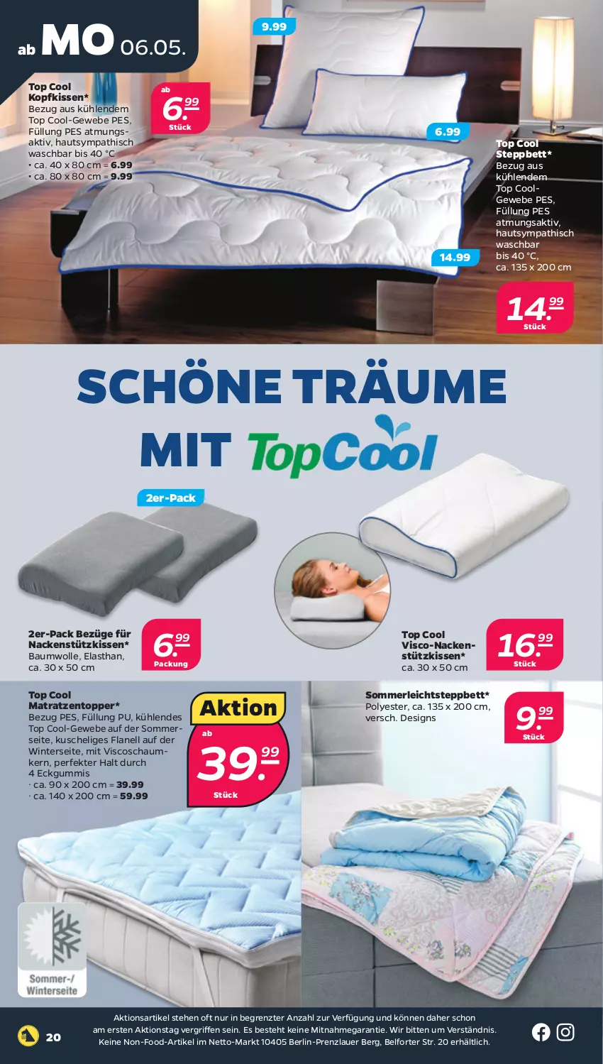 Aktueller Prospekt Netto - Woche 19 - von 06.05 bis 11.05.2024 - strona 20 - produkty: auer, Bau, baumwolle, bett, kissen, kopfkissen, LG, matratze, matratzen, Matratzentopper, merl, nackenstützkissen, steppbett, Ti, topper, wolle, ZTE