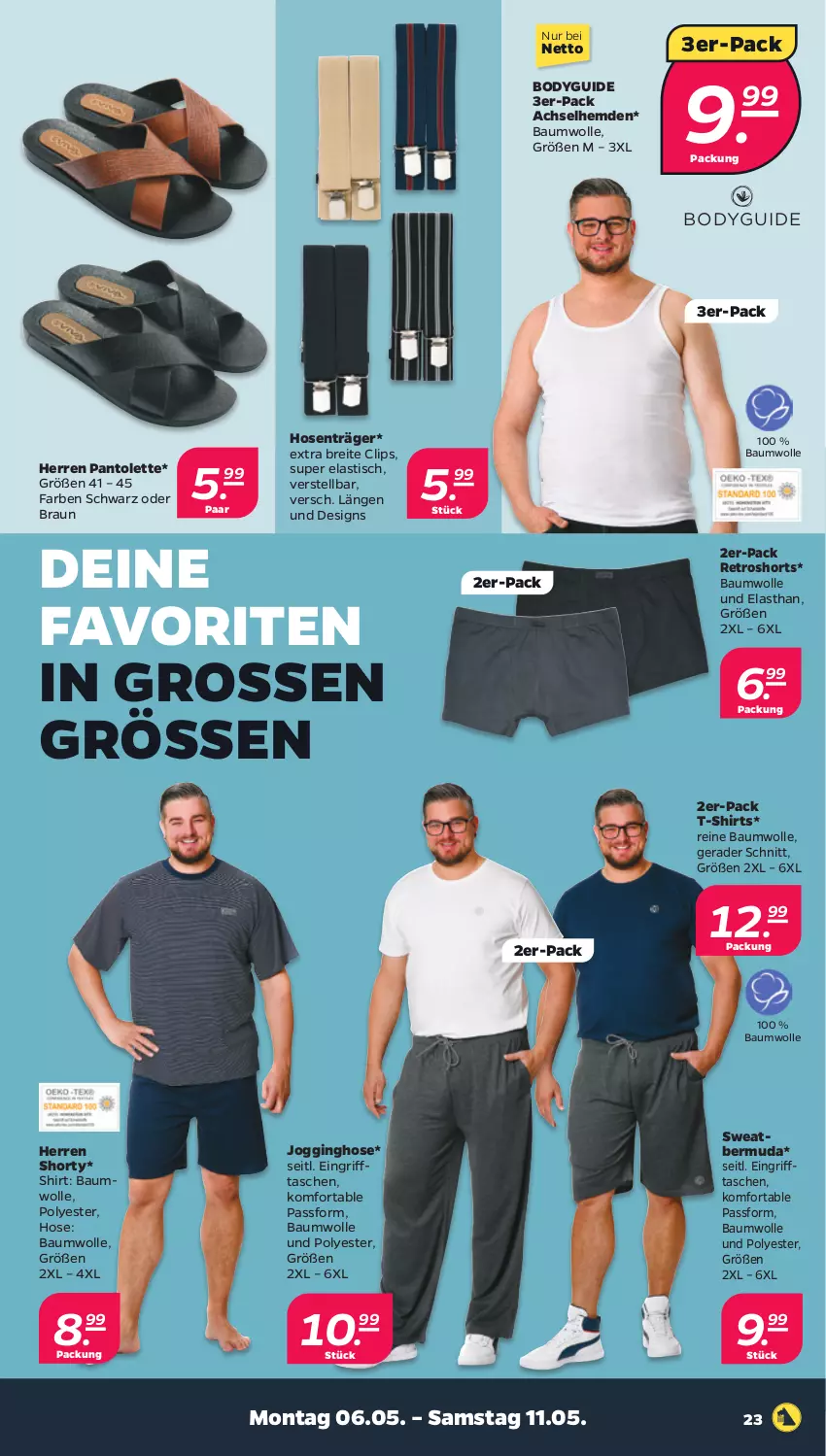 Aktueller Prospekt Netto - Woche 19 - von 06.05 bis 11.05.2024 - strona 23 - produkty: achselhemd, asti, Bau, baumwolle, bermuda, body, braun, Brei, gin, hemd, hemden, hose, hosen, Jogginghose, pantolette, reine baumwolle, retroshorts, shirt, shirts, shorts, shorty, T-Shirt, Tasche, taschen, Ti, tisch, wolle