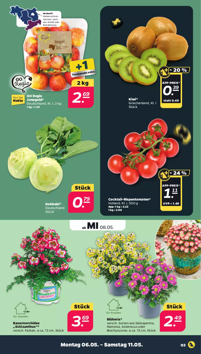 Aktueller Prospekt Netto - Woche 19 - von 06.05 bis 11.05.2024 - strona 3 - produkty: auer, Bau, Bauer, cocktail, eis, kiwi, kohlrabi, orchidee, reis, rispentomaten, sac, tomate, tomaten