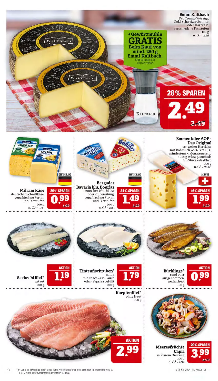 Aktueller Prospekt Marktkauf - Prospekt - von 08.12 bis 14.12.2024 - strona 12 - produkty: bavaria blu, bergader, Cap, deutscher schnittkäse, deutscher weichkäse, dressing, eis, elle, emmentaler, emmi, filet, fisch, frischfisch, frischkäse, früchte, gin, hartkäse, Käse, meeresfrüchte, milch, milram, natur, nuss, paprika, reis, Ria, schnittkäse, schweizer hartkäse, tee, teller, Ti, weichkäse, ZTE