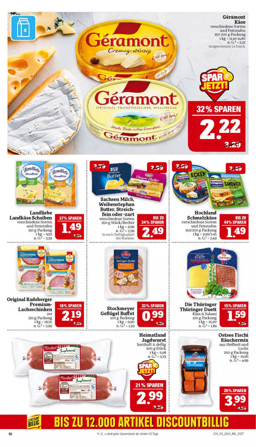 Aktueller Prospekt Marktkauf - Prospekt - von 08.12 bis 14.12.2024 - strona 16 - produkty: Becher, Berger, butter, eis, fisch, französischer weichkäse, Geflügel, gin, hochland, jagdwurst, Käse, lachs, lachsschinken, landkäse, landliebe, milch, ndk, radeberger, reis, ring, sac, salami, schinken, Schmelzkäse, snack, stockmeyer, tee, Ti, weichkäse, weihenstephan, wurst, ZTE