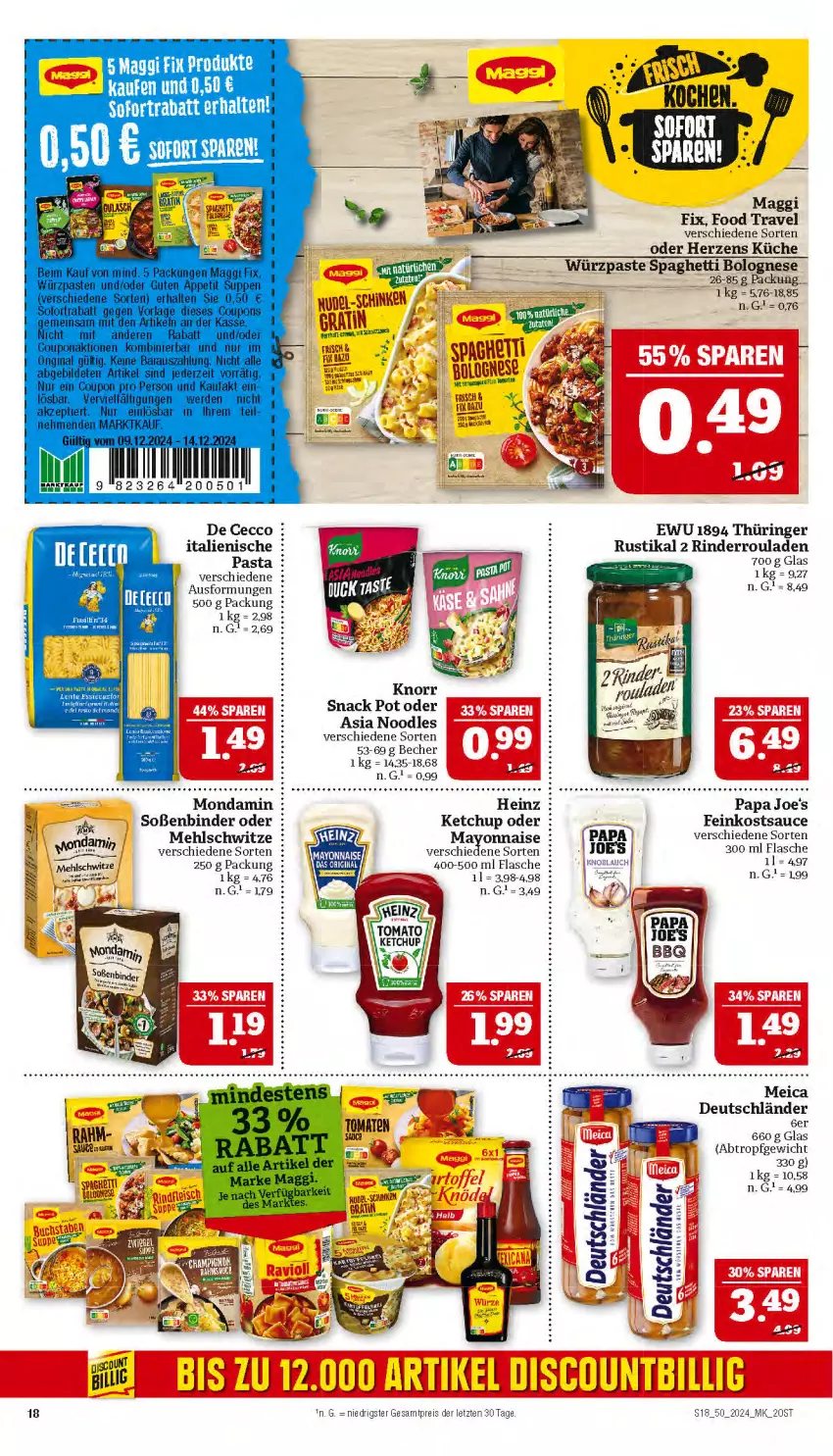 Aktueller Prospekt Marktkauf - Prospekt - von 08.12 bis 14.12.2024 - strona 18 - produkty: Becher, bolognese, De Cecco, discount, ecco, eis, feinkost, flasche, heinz, ketchup, knorr, küche, LG, maggi, maggi fix, mehl, meica, mondamin, Papa Joe's, pasta, reis, rind, rinder, Rinderroulade, rinderrouladen, ring, rouladen, sauce, snack, Soße, spaghetti, spaghetti bolognese, Ti, Yo, ZTE