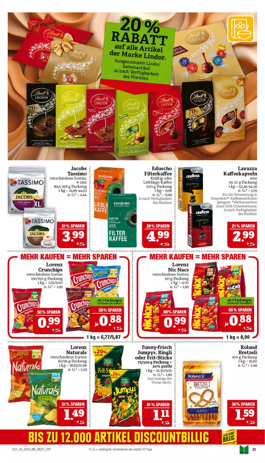 Aktueller Prospekt Marktkauf - Prospekt - von 08.12 bis 14.12.2024 - strona 21 - produkty: Brei, chips, crunchips, discount, eduscho, eis, espresso, filterkaffee, Frit-Sticks, funny-frisch, jacobs, kaffee, kaffeekapseln, kaffeemaschine, lavazza, lorenz, lorenz crunchips, natur, natura, nespresso, reis, ring, rwe, sim, tassimo, Ti, ZTE