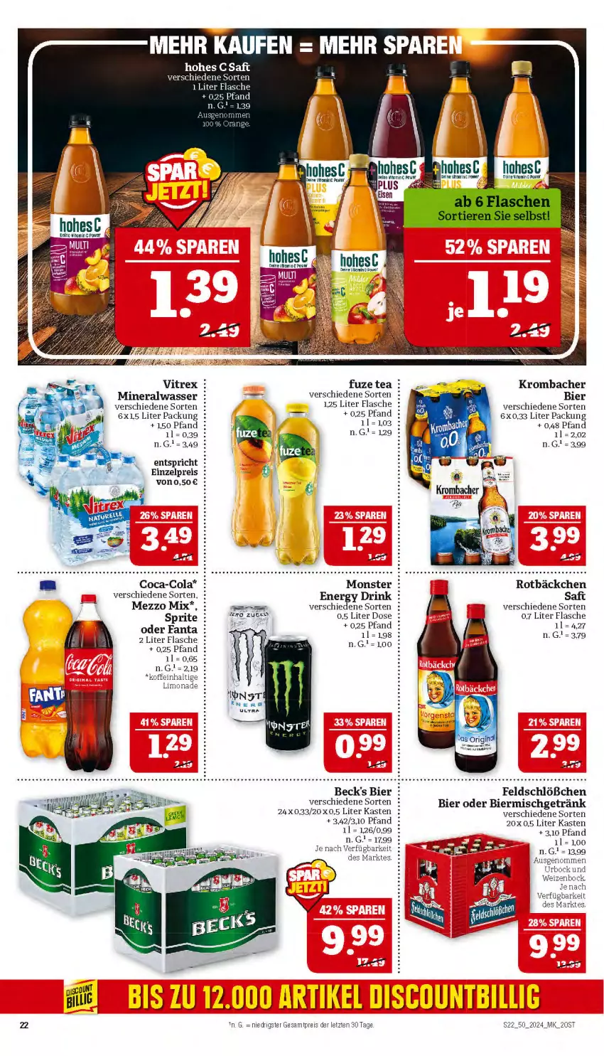 Aktueller Prospekt Marktkauf - Prospekt - von 08.12 bis 14.12.2024 - strona 22 - produkty: Alwa, beck's, bier, coca-cola, cola, drink, eis, energy drink, fanta, flasche, fuzetea, getränk, krombache, krombacher, limo, limonade, Mezzo Mix, mineralwasser, reis, sprite, tee, Ti, vita, vitrex, wasser, ZTE