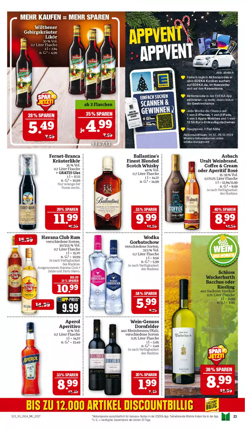 Aktueller Prospekt Marktkauf - Prospekt - von 08.12 bis 14.12.2024 - strona 23 - produkty: aktionspreis, aperitif, aperol, Apple, Apple Watch, ball, Ballantine's, deka, dornfelder, eier, eis, elle, Fernet, flasche, Gorbatschow, Havana Club, ipad, iphone, kräuter, kräuterlikör, likör, nuss, reis, rum, scotch, scotch whisky, tee, Ti, wein, weinbrand, whisky, wodka, ZTE