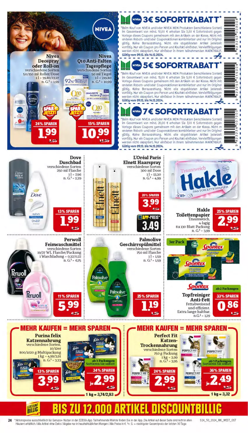 Aktueller Prospekt Marktkauf - Prospekt - von 08.12 bis 14.12.2024 - strona 24 - produkty: aktionspreis, Bad, coupon, coupons, deka, discount, dove, duschbad, eis, elnett, erde, feinwaschmittel, felix, flasche, geschirr, geschirrspülmittel, gin, haarspray, hakle, katzennahrung, nivea, Nivea Men, nuss, olive, palmolive, papier, Perfect Fit, perwoll, purina, reiniger, reis, sofortrabatt, spülmittel, Ti, toilettenpapier, topf, Trockennahrung, waschmittel, wiener, ZTE