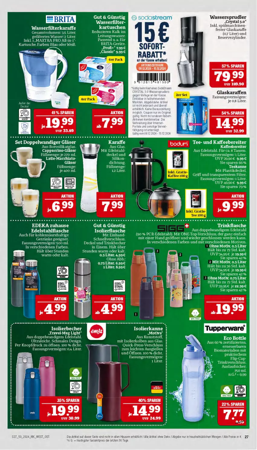 Aktueller Prospekt Marktkauf - Prospekt - von 08.12 bis 14.12.2024 - strona 27 - produkty: ACC, asti, Becher, bio, brita, Cap, cappuccino, chia, cin, decke, Deckel, deka, edelstahl, eis, elle, ente, flasche, getränk, getränke, Gläser, glaskaraffe, isolierbecher, isolierflasche, isolierkanne, kaffee, kaffeebereiter, Karaffe, latte, mac, macchiato, Maxtra, reis, rel, Ria, spülmaschinen, tasse, tee, Ti, trinkbecher, trinkflasche, wasser, wasserfilter, wassersprudler, ZTE