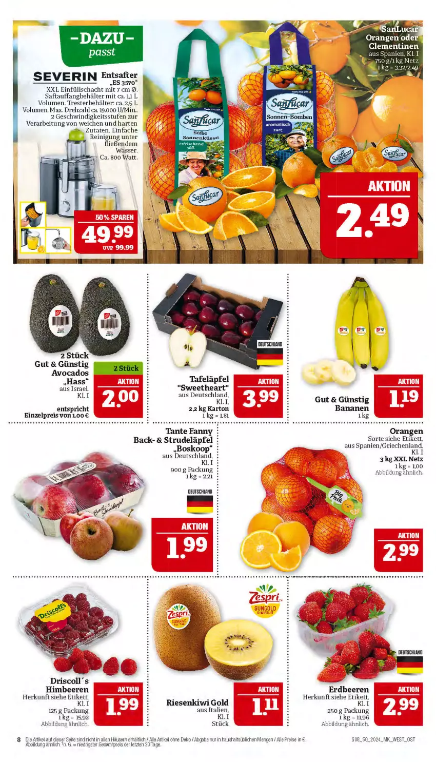 Aktueller Prospekt Marktkauf - Prospekt - von 08.12 bis 14.12.2024 - strona 8 - produkty: avocado, avocados, banane, bananen, beere, beeren, Behälter, eis, Entsafter, erdbeere, erdbeeren, himbeer, himbeere, himbeeren, kiwi, Kiwi Gold, orange, orangen, Reinigung, reis, saft, severin, Strudel, tafeläpfel, tante fanny, tee, Thea, Ti, tisch, wasser, ZTE