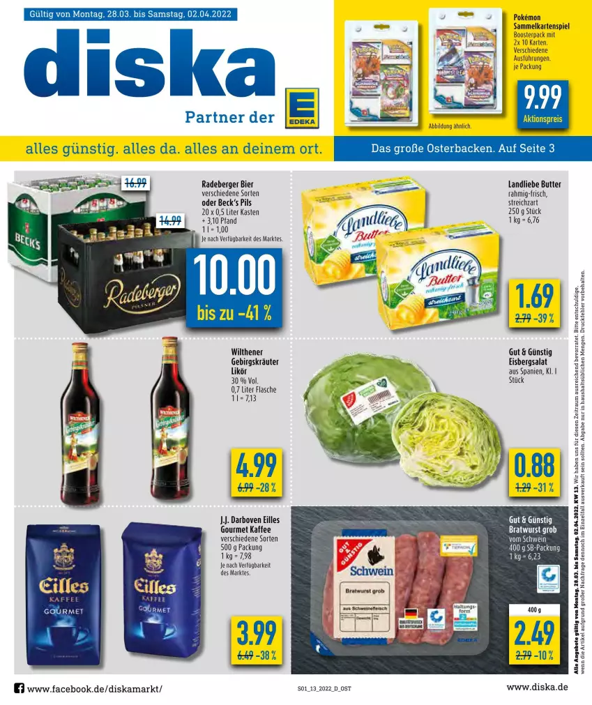 Aktueller Prospekt Diska - Prospekte - von 28.03 bis 02.04.2022 - strona 1 - produkty: aktionspreis, angebot, angebote, Berger, bier, bratwurst, butter, darbo, darboven, eis, eisbergsalat, flasche, fleisch, kaffee, Kartenspiel, kräuter, landliebe, likör, pils, radeberger, reis, salat, schwein, Streichzart, Ti, wein, wilthener, wurst