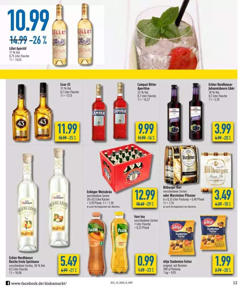 Aktueller Prospekt Diska - Prospekte - von 28.03 bis 02.04.2022 - strona 13 - produkty: aperitif, beere, bier, bitburger, burger, campari, eis, ente, erdinger, flasche, fuze tea, gin, johannisbeere, licor, licor 43, likör, lillet, pils, pilsener, steiner, Ti, ültje, warsteiner