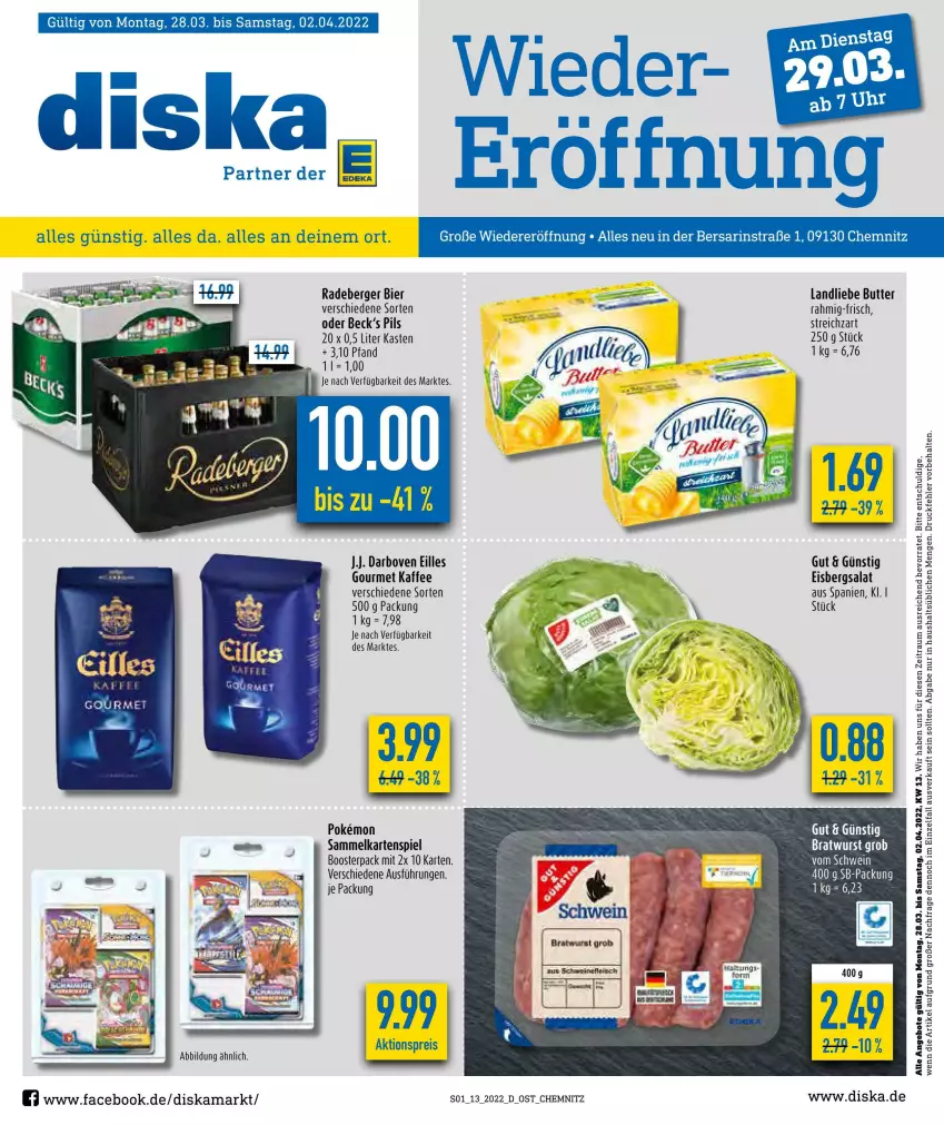 Aktueller Prospekt Diska - Prospekte - von 28.03 bis 02.04.2022 - strona 2 - produkty: aktionspreis, angebot, angebote, Berger, bier, bratwurst, butter, darbo, darboven, eis, eisbergsalat, kaffee, Kartenspiel, landliebe, radeberger, reis, salat, schwein, Streichzart, Ti, wein, wurst