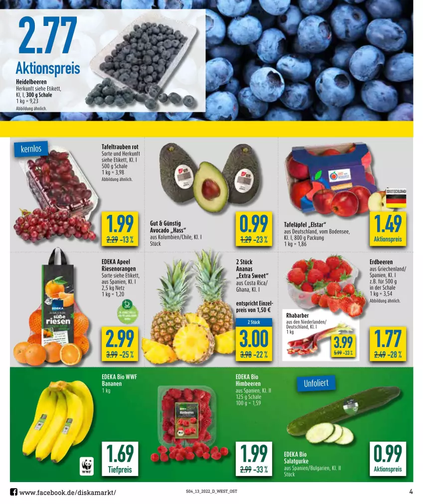 Aktueller Prospekt Diska - Prospekte - von 28.03 bis 02.04.2022 - strona 5 - produkty: aktionspreis, ananas, avocado, banane, bananen, beere, beeren, bio, deka, edeka bio, eis, erdbeere, erdbeeren, heidelbeere, heidelbeeren, himbeer, himbeere, himbeeren, LG, orange, orangen, reis, rhabarber, Schal, Schale, tafeläpfel, tafeltrauben, Ti, tiefpreis, trauben