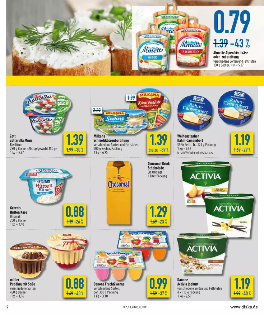 Aktueller Prospekt Diska - Prospekte - von 28.03 bis 02.04.2022 - strona 8 - produkty: activia, activia joghurt, almette, alpenfrischkäse, basilikum, Becher, camembert, danone, danone fruchtzwerge, drink, frischkäse, frucht, fruchtzwerge, gervais, gin, joghur, joghurt, Käse, Mett, Müller, pudding, rel, Schmelzkäse, schmelzkäsezubereitung, schoko, schokolade, Soße, Ti, weihenstephan