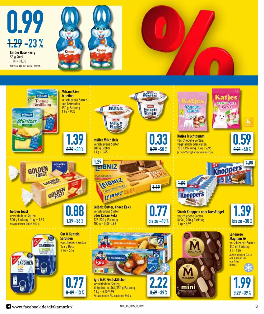 Aktueller Prospekt Diska - Prospekte - von 28.03 bis 02.04.2022 - strona 9 - produkty: Becher, butter, eis, fisch, fischstäbchen, frucht, fruchtgummi, golden toast, iglo, kakao, Käse, katjes, keks, Kinder, langnese, leibniz, magnum, milch, milram, Müller, reis, Sardinen, Ti, toast, tomate, Vegeta