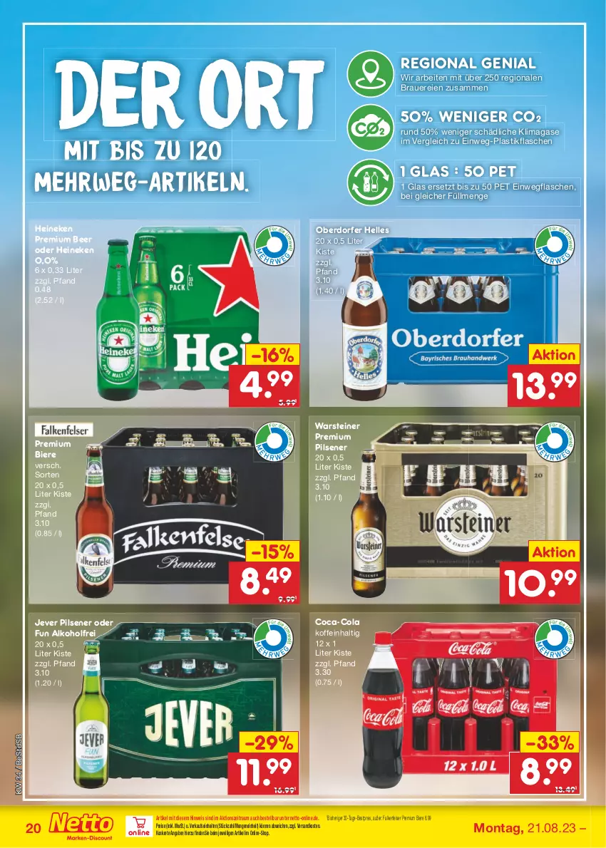 Aktueller Prospekt Netto Marken-Discount - Filial-Angebote - von 21.08 bis 26.08.2023 - strona 20 - produkty: alkohol, asti, auer, bestpreis, bier, Biere, coca-cola, cola, eis, elle, flasche, heineken, jever, jever pilsener, ndk, pils, pilsener, premium pils, reis, rwe, steiner, Ti, warsteiner