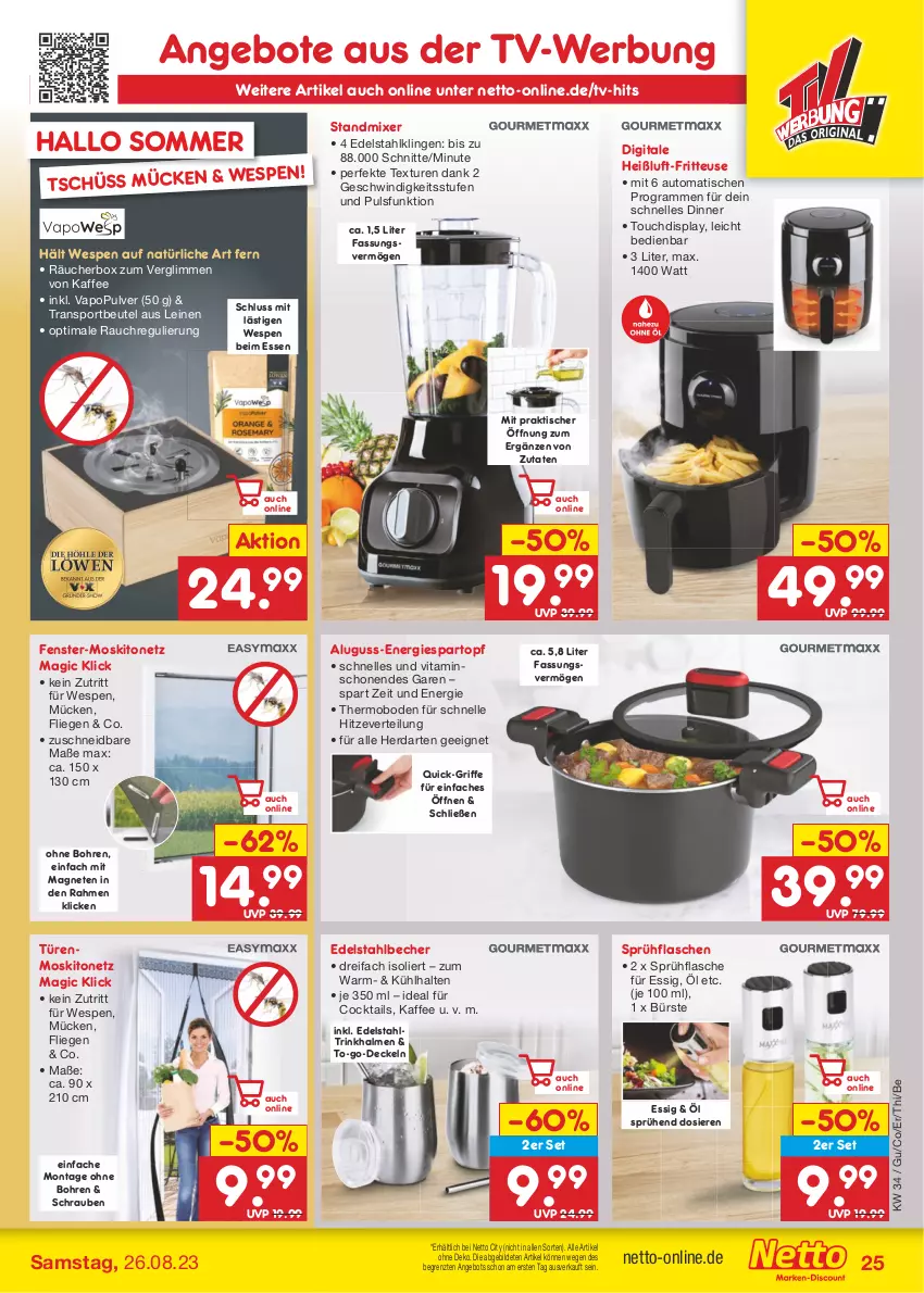 Aktueller Prospekt Netto Marken-Discount - Filial-Angebote - von 21.08 bis 26.08.2023 - strona 27 - produkty: angebot, angebote, auto, Becher, beutel, bürste, cocktail, cocktails, decke, Deckel, edelstahl, elle, essig, fenster, flasche, fritteuse, herdarten, kaffee, leine, Liege, Mixer, moskitonetz, Rauch, schrauben, Sport, sprühflasche, standmixer, Ti, tisch, topf, Trinkhalme, vita, ZTE