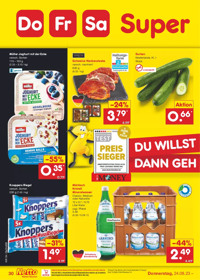 Aktueller Prospekt Netto Marken-Discount - Filial-Angebote - von 21.08 bis 26.08.2023 - strona 32 - produkty: Alwa, asti, bestpreis, eis, elle, flasche, glasflasche, gurke, gurken, joghur, joghurt, joghurt mit der ecke, knoppers, mineralwasser, Müller, Nackensteak, nackensteaks, natur, ndk, reis, rel, riegel, schwein, schweine, steak, steaks, Ti, wasser, wein, weine