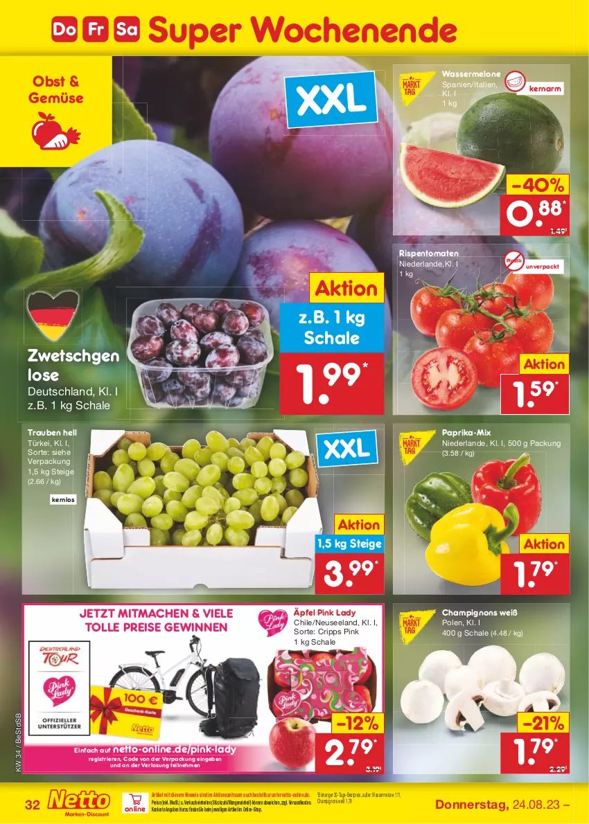 Aktueller Prospekt Netto Marken-Discount - Filial-Angebote - von 21.08 bis 26.08.2023 - strona 34 - produkty: asti, bestpreis, champignon, champignons, eis, Elan, mac, melone, ndk, obst, paprika, Pink Lady, reis, rispentomaten, Schal, Schale, Ti, tomate, tomaten, trauben, wasser, wassermelone