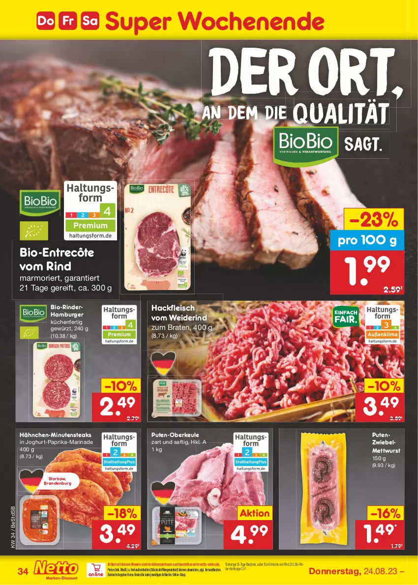 Aktueller Prospekt Netto Marken-Discount - Filial-Angebote - von 21.08 bis 26.08.2023 - strona 36 - produkty: bestpreis, bio, biobio, braten, burger, eis, entrecôte, fleisch, gewürz, hackfleisch, hamburger, joghur, joghurt, küche, Küchen, marinade, Mett, mettwurst, minutensteaks, ndk, paprika, pute, reis, rind, rinder, saft, steak, steaks, Ti, wurst, zwiebel, zwiebelmettwurst