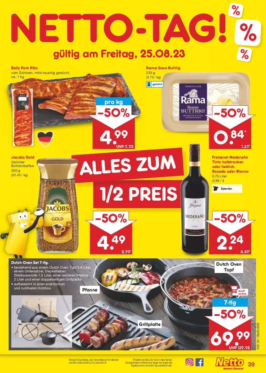 Aktueller Prospekt Netto Marken-Discount - Filial-Angebote - von 21.08 bis 26.08.2023 - strona 41 - produkty: angebot, bestpreis, bohne, bohnen, bohnenkaffee, decke, Deckel, eis, freixenet, gewürz, grill, grillplatte, Holz, jacobs, Jacobs Gold, kaffee, latte, LG, löslicher bohnenkaffee, pfanne, rama, Rauch, reis, schwein, stielkasserolle, Ti, tisch, topf, Untersetzer, wein, ZTE