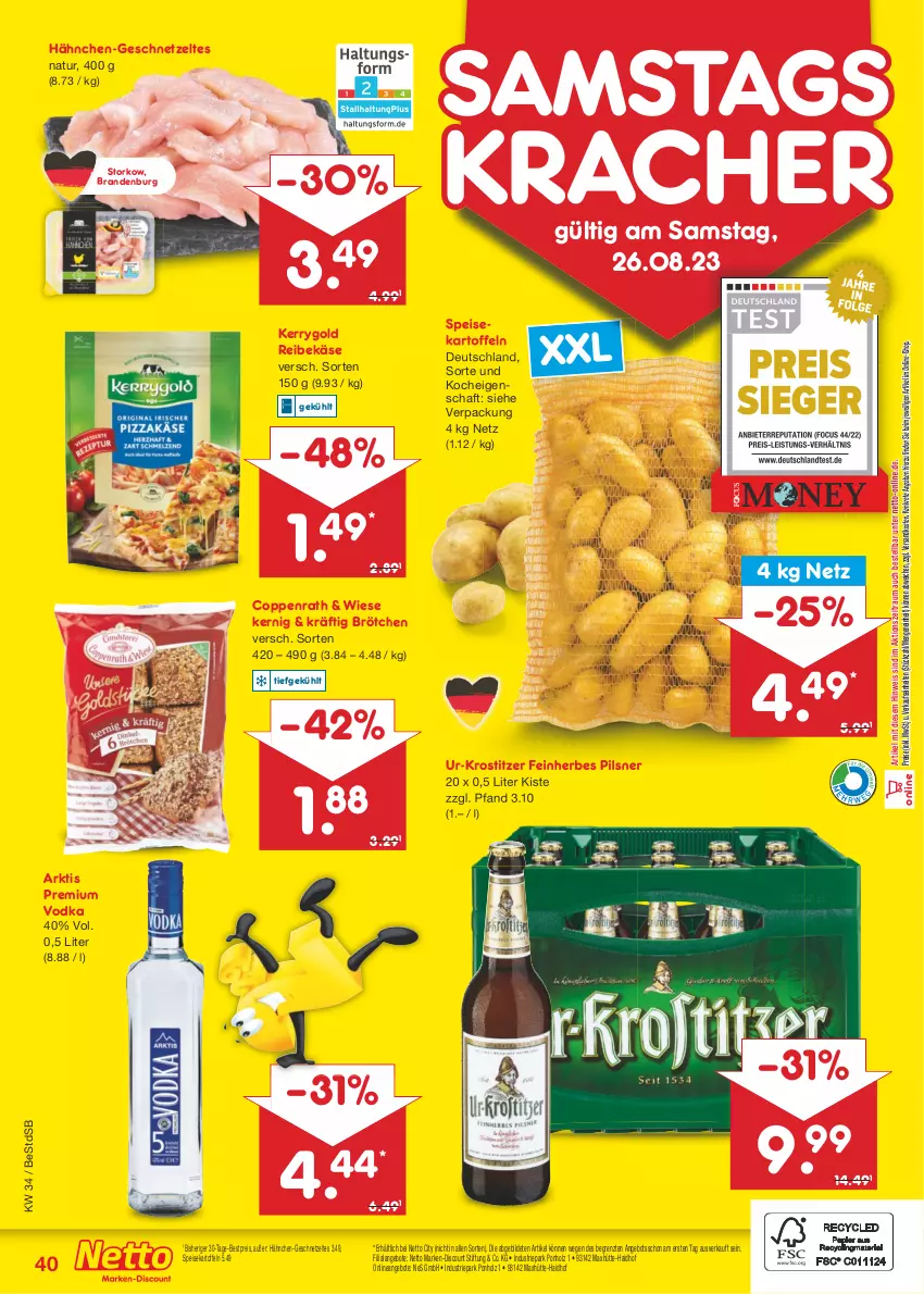 Aktueller Prospekt Netto Marken-Discount - Filial-Angebote - von 21.08 bis 26.08.2023 - strona 42 - produkty: angebot, angebote, bestpreis, brötchen, coppenrath, discount, eis, geschnetzeltes, Holz, kartoffel, kartoffeln, Käse, kerrygold, kracher, marken-discount, natur, ndk, pils, pilsner, premium vodka, Reibekäse, reis, speisekartoffeln, Ti, vodka, Zelt, ZTE