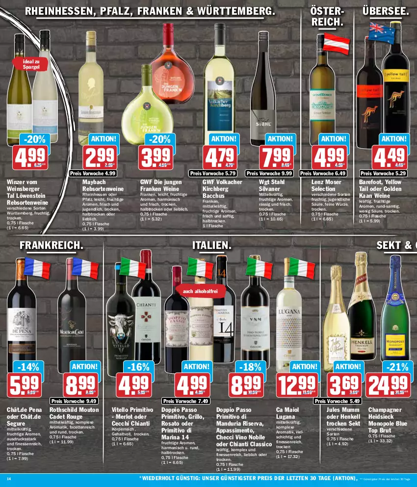 Aktueller Prospekt Aez - Prospekte - von 13.05 bis 18.05.2024 - strona 14 - produkty: ACC, alkohol, Berger, brut, champagne, champagner, chia, chianti, classico, doppio passo, eis, finesse, flasche, frucht, grill, grillo, henkel, henkell, Henkell Trocken, jules mumm, Lenz Moser, maybach, merl, merlot, moser, mumm, passo, primitivo, rebsortenweine, reis, Ria, riserva, rosato, rouge, saft, sekt, silvaner, sim, spargel, Ti, wein, weine, yellow tail, ZTE