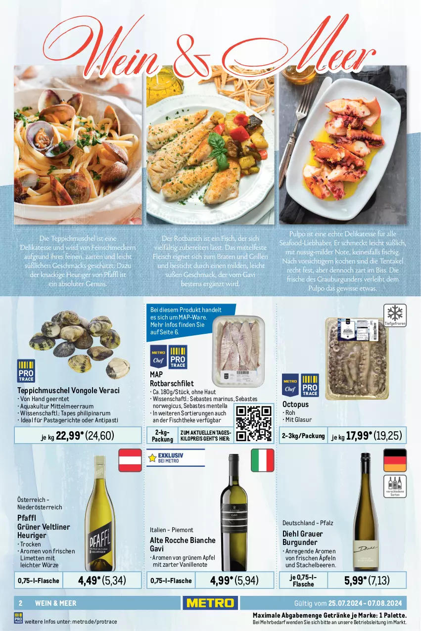 Aktueller Prospekt Metro - GastroJournal - von 25.07 bis 07.08.2024 - strona 2 - produkty: antipasti, apfel, aqua, asti, auer, beere, beeren, burgunder, cin, eis, elle, ente, filet, filets, fisch, fischtheke, flasche, fleisch, frucht, getränk, getränke, gewürz, grauer burgunder, grüner veltliner, Heu, lachs, limette, limetten, mac, Metro, Mett, metten, Palette, pasta, Pastagericht, pfirsich, Rauch, reis, riesling, Rotbarsch, rotbarschfilet, rum, rwe, Saibling, Seesaiblingsfilet, Stachelbeeren, teppich, Ti, vanille, wein, Weißwein, Wild