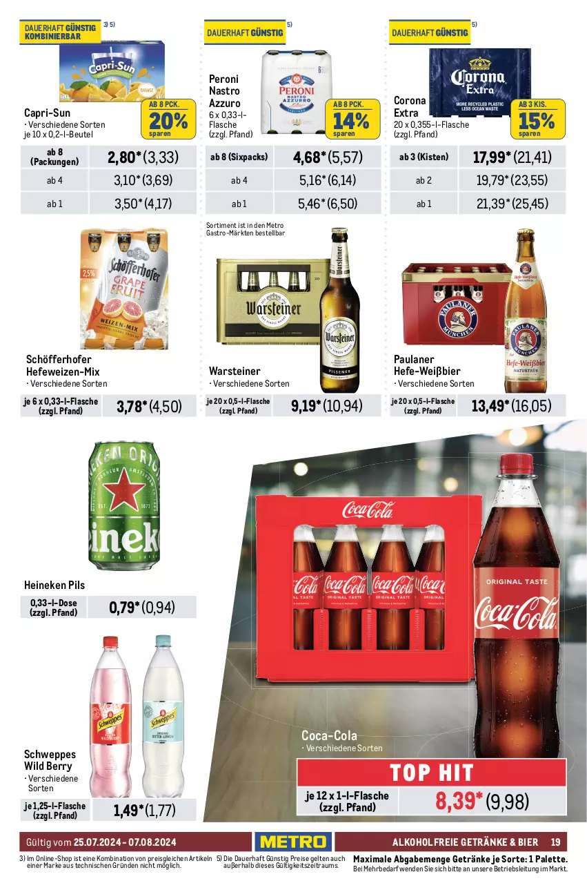 Aktueller Prospekt Metro - GastroJournal - von 25.07 bis 07.08.2024 - strona 21 - produkty: alkohol, alkoholfreie getränke, auer, beutel, bier, bohne, bohnen, caffe, cantuccini, Cap, capri-sun, chupa, chupa chups, cin, coca-cola, cola, corona, corona extra, eduscho, eimer, eis, erdnüsse, espresso, filterkaffee, flasche, getränk, getränke, Hefe, hefeweizen, heineken, kaffee, lavazza, Lutscher, Metro, metro gastro, Palette, Paula, paulaner, Peroni, pils, reis, salz, schöfferhofer, schweppes, steiner, tee, teekanne, Ti, tuc, warsteiner, Wild, wild berry