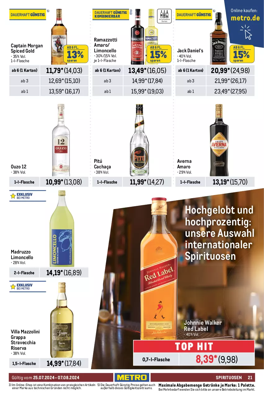 Aktueller Prospekt Metro - GastroJournal - von 25.07 bis 07.08.2024 - strona 23 - produkty: alkohol, Alwa, amaro, apfel, apfelsaft, auer, averna, cachaça, Cap, captain morgan, chia, drink, drinks, dry gin, eis, fever-tree, flasche, gerolsteine, gerolsteiner, getränk, getränke, gin, grappa, HP, jack daniel, johnnie walker, krone, limo, london dry, london dry gin, martini, Metro, metro gastro, mineralwasser, ohne alkohol, orange, orangen, orangensaft, ouzo, ouzo 12, Palette, rama, ramazzott, ramazzotti, reis, riserva, saft, sattel, smirnoff, spirituosen, steiner, Tanqueray, Ti, Vermouth, vodka, wasser, zott