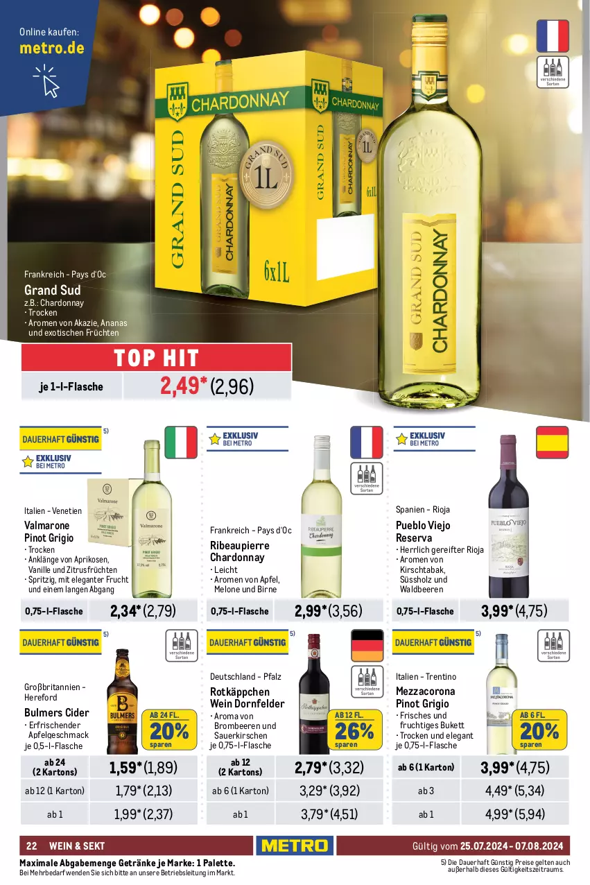 Aktueller Prospekt Metro - GastroJournal - von 25.07 bis 07.08.2024 - strona 24 - produkty: ananas, apfel, aprikose, aprikosen, auer, beere, beeren, brita, brombeere, brombeeren, champagne, chardonnay, cider, corona, crémant de loire, dornfelder, ecco, eis, elle, flasche, frizzante, frucht, früchte, früchten, getränk, getränke, grand sud, himbeer, himbeere, himbeeren, Holz, honig, kirsch, kirsche, kirschen, LG, mac, melone, Metro, mezzacorona, Nuance, Palette, pfirsich, Pinot, pinot grigio, prosecco, puma, reis, Ria, rioja, rotkäppchen, sauerkirschen, sekt, spumante, Stachelbeeren, Ti, tisch, valdo, vanille, wein, zitrone, zitronen