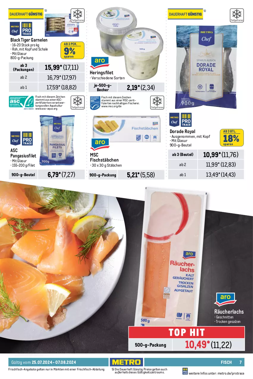 Aktueller Prospekt Metro - GastroJournal - von 25.07 bis 07.08.2024 - strona 7 - produkty: Abtei, angebot, angebote, aqua, auer, Becher, beutel, Dorade, dorade royal, eis, elle, erde, filet, fisch, fische, Fischer, fischstäbchen, fischtheke, fleisch, forelle, frischfisch, garnelen, gin, hering, Herings, lachs, lachsfilet, lack, LG, Metro, Pangasius, Räucherlachs, reis, rel, Ria, ring, salz, Schal, Schale, Schere, schnitten, seelachsfilet, Spezi, Ti