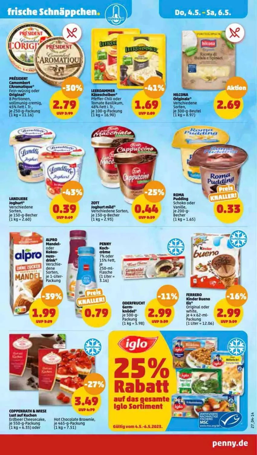 Aktueller Prospekt Penny - Prospekte - von 01.05 bis 06.05.2023 - strona 27 - produkty: basilikum, Becher, beutel, brownie, cheesecake, chili, cola, coppenrath, creme, drink, eis, ferrero, flasche, frucht, Germ, gin, iglo, joghur, joghurt, joghurt mild, Kinder, kinder bueno, Knödel, kokos, kuchen, landliebe, landliebe joghurt, Lust auf Kuchen, mandel, nuss, pfeffer, pudding, schoko, Ti, tomate, vanille, zott