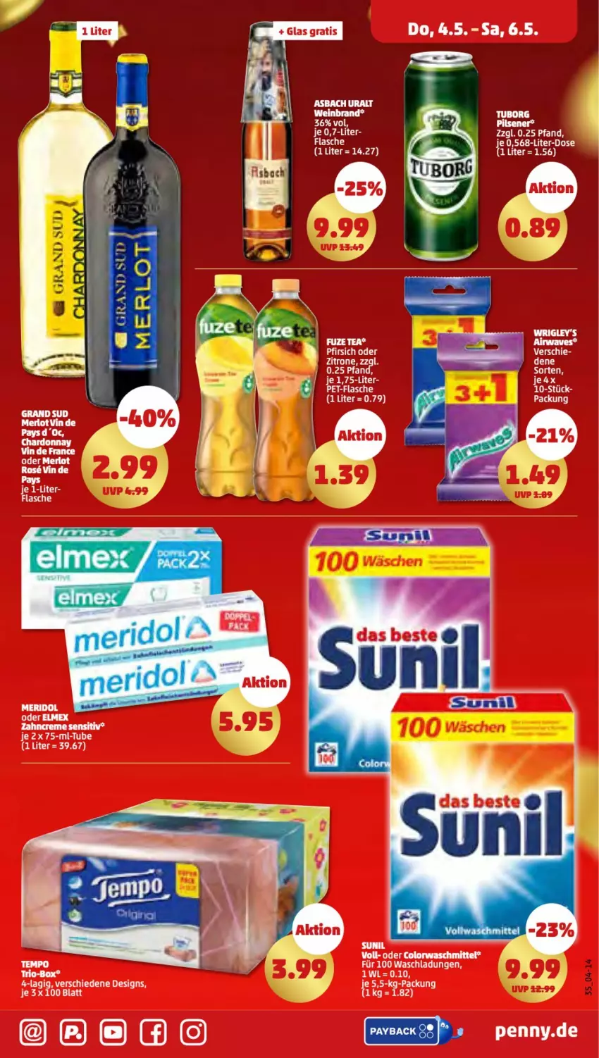 Aktueller Prospekt Penny - Prospekte - von 01.05 bis 06.05.2023 - strona 35 - produkty: asbach uralt, creme, elle, elmex, flasche, fuze tea, pfirsich, sunil, Ti, zahncreme