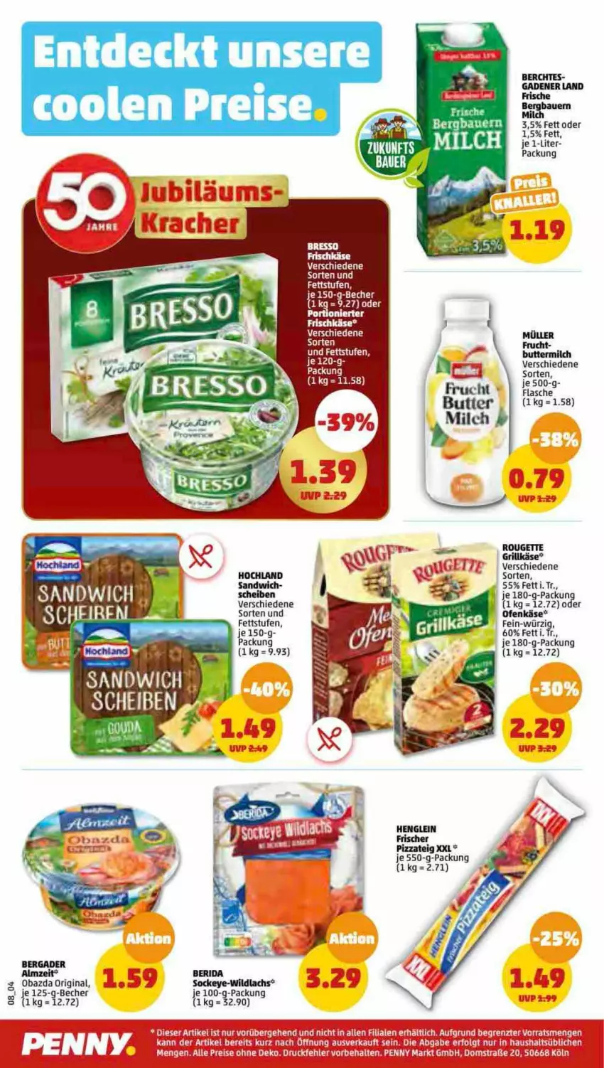 Aktueller Prospekt Penny - Prospekte - von 01.05 bis 06.05.2023 - strona 8 - produkty: auer, Bau, Bauer, Becher, butter, buttermilch, eis, ente, flasche, frischkäse, frucht, gin, henglein, Käse, lachs, milch, Müller, obazda, Ofen, Ofenkäse, pizza, Pizzateig, reis, rouge, rougette, Ti, Wild, wildlachs, ZTE