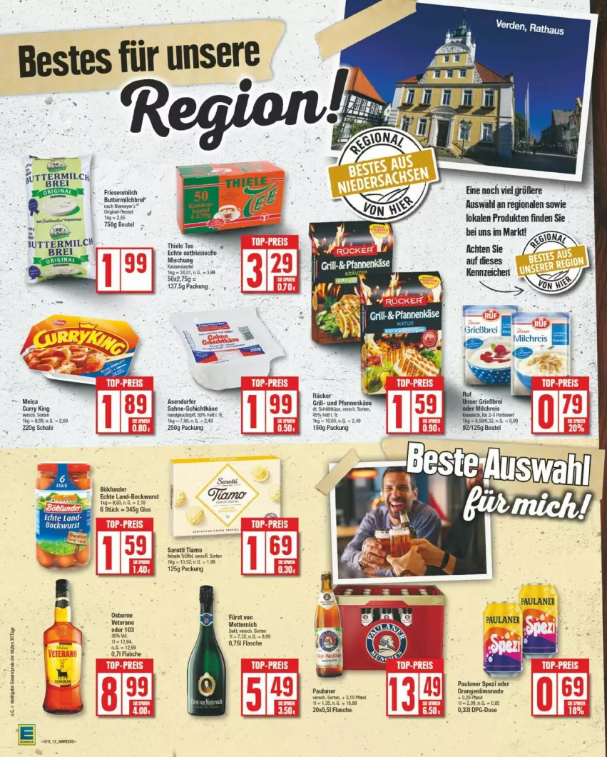 Aktueller Prospekt Edeka - Prospekte - von 06.05 bis 11.05.2024 - strona 12 - produkty: beutel, bockwurst, böklunder, flasche, fürst von metternich, grill, Käse, limo, limonade, Mett, metternich, milch, osborne, Paula, paulaner, pfanne, pfannen, pfannenkäse, sahne, saro, sarotti, Spezi, tee, Ti, Tiere, und pfanne, wurst