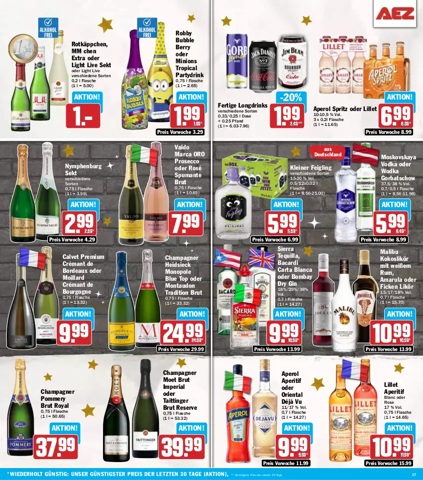 Aktueller Prospekt Aez - Prospekte - von 23.12 bis 28.12.2024 - strona 17 - produkty: amarula, aperitif, aperol, bacardi, Bourgogne, brut, champagne, champagner, drink, drinks, dry gin, ecco, eis, flasche, gin, Gorbatschow, kleiner feigling, kokos, leine, likör, lillet, Malibu, moet, moskovskaya, prosecco, puma, reis, Ria, robby, rotkäppchen, rum, sekt, Sierra, spumante, Ti, valdo, vodka, wodka, ZTE