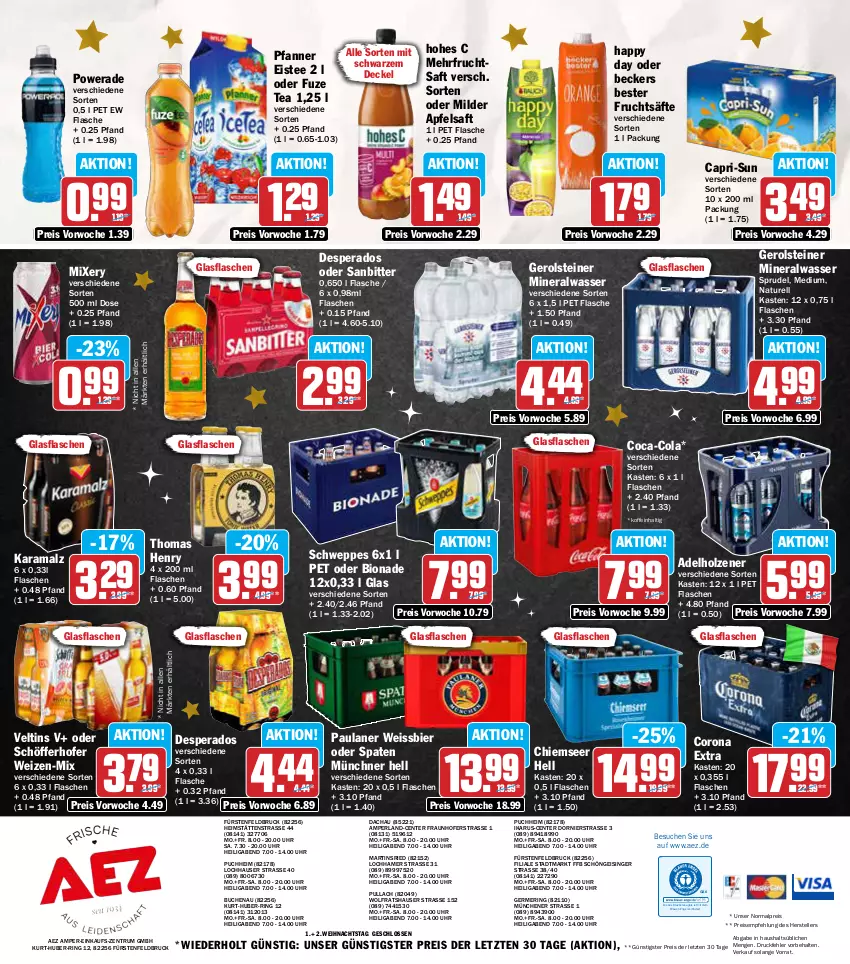 Aktueller Prospekt Aez - Prospekte - von 23.12 bis 28.12.2024 - strona 20 - produkty: adelholzener, AEZ, Alwa, apfel, apfelsaft, Beckers Bester, bier, bio, bionade, buch, Cap, capri-sun, coca-cola, cola, corona, corona extra, decke, Deckel, desperados, drucker, eis, eistee, elle, Engel, ente, fisch, flasche, frucht, fruchtsaft, fruchtsäfte, fuze tea, Germ, gerolsteine, gerolsteiner, glasflasche, Happy Day, Hohes C, Holz, karamalz, kerze, malz, mineralwasser, Mixer, mixery, natur, Paula, paulaner, perla, pfanne, Pfanner, rama, reis, rel, ring, rum, saft, säfte, schöfferhofer, schweppes, Spaten, Sprudel, steiner, tee, teller, thomas henry, Ti, uhr, veltins, wasser, weissbier, ZTE