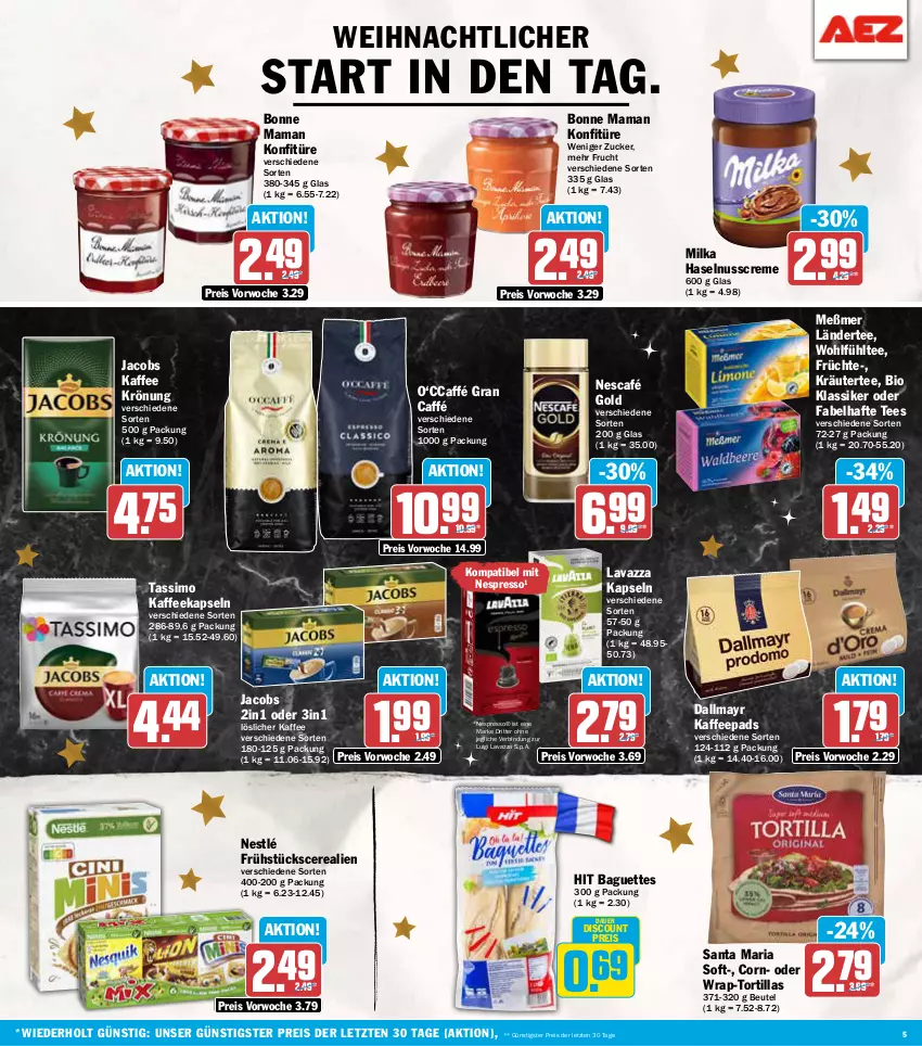 Aktueller Prospekt Aez - Prospekte - von 23.12 bis 28.12.2024 - strona 5 - produkty: auer, baguette, baguettes, beutel, bio, bonne maman, cerealien, creme, dallmayr, discount, eis, espresso, frucht, früchte, haselnuss, Haselnusscreme, jacobs, kaffee, kaffeekapseln, kaffeepads, konfitüre, kräuter, Ländertee, lavazza, löslicher kaffee, mam, Meßmer, milka, Nescafé, nescafé gold, nespresso, nestlé, nuss, reis, Ria, ritter, sim, tassimo, tee, Ti, tortilla, tortillas, wrap, ZTE, zucker