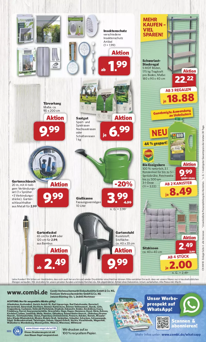 Aktueller Prospekt Combi - Prospekte - von 29.04 bis 04.05.2024 - strona 4 - produkty: ammerländer, Anew, Bad, bambus, bio, Brühe, dekoration, drucker, Eckregal, eis, elle, Engel, essig, Garten, Gartenfackel, gartenschlauch, gartenstuhl, Gießkanne, Holz, insektenschutz, Intel, kerze, kissen, kraft, kräuter, kräutern, merl, papier, rasen, Rauch, regal, reis, rel, ring, salz, schlauch, Schleich, schott, sekt, sitzkissen, Sport, steckregal, String, stuhl, teller, Ti, ZTE