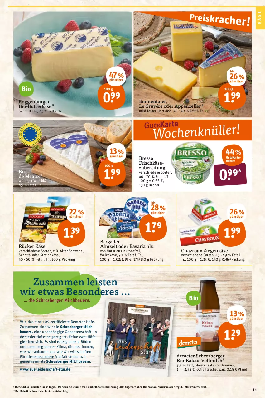 Aktueller Prospekt Tegut - Angebote der Woche - von 28.02 bis 05.03.2022 - strona 11 - produkty: angebot, angebote, appenzeller, auer, Bau, Bauer, bavaria blu, Becher, bergader, Berger, bio, Bio-Butter, bresso, brie, burger, butter, butterkäse, chavroux, dekoration, eis, elle, emmentaler, flasche, frischkäse, frischkäsezubereitung, hartkäse, kakao, Käse, milch, natur, reis, Ria, schnittkäse, Streichkäse, Ti, vollmilch, weichkäse, ziegenkäse