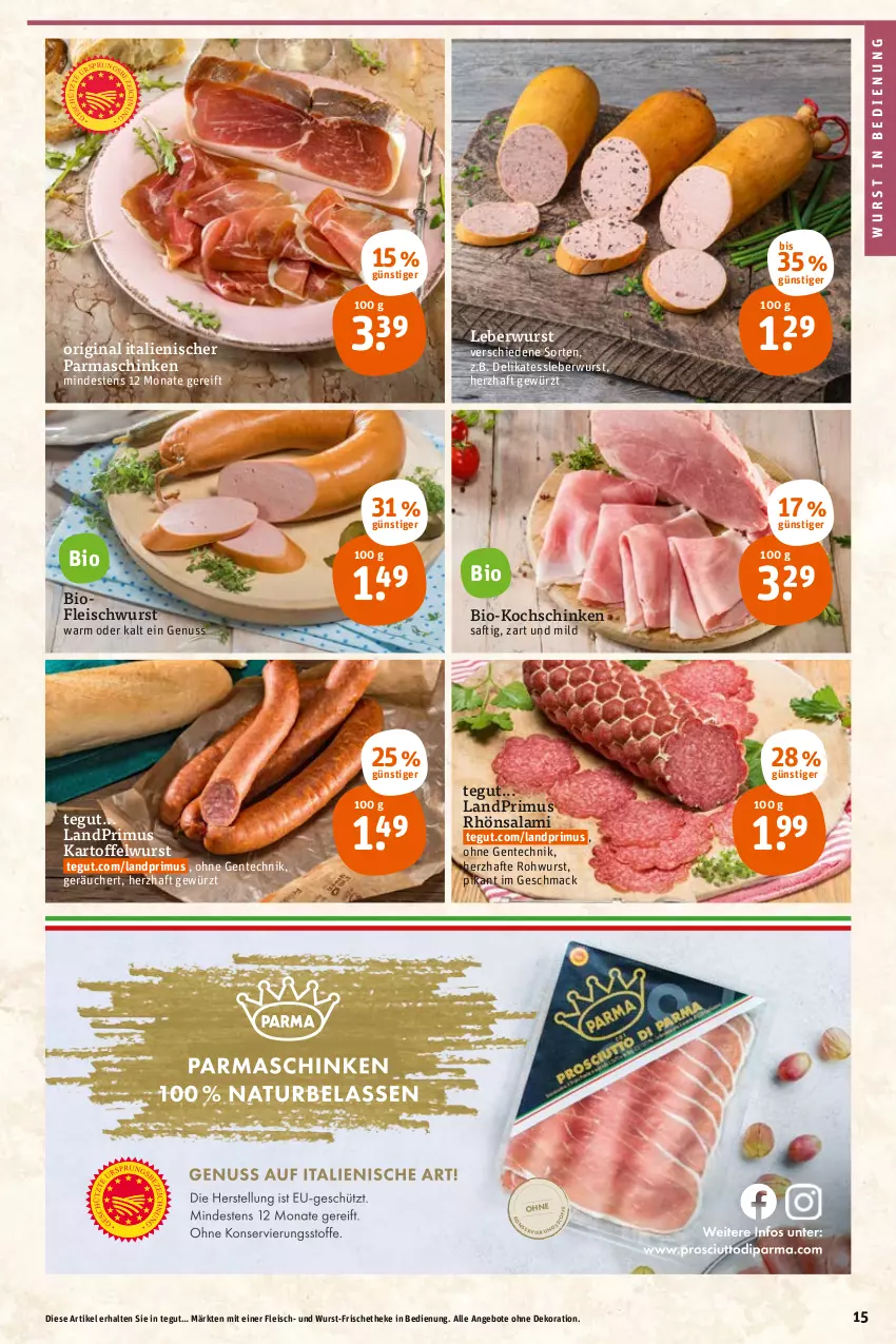 Aktueller Prospekt Tegut - Angebote der Woche - von 28.02 bis 05.03.2022 - strona 15 - produkty: angebot, angebote, bio, dekoration, eis, ente, fleisch, fleischwurst, gewürz, gin, kartoffel, kochschinken, landprimus, leberwurst, mac, nuss, parmaschinken, Rohwurst, saft, salami, schinken, Ti, wurst, ZTE