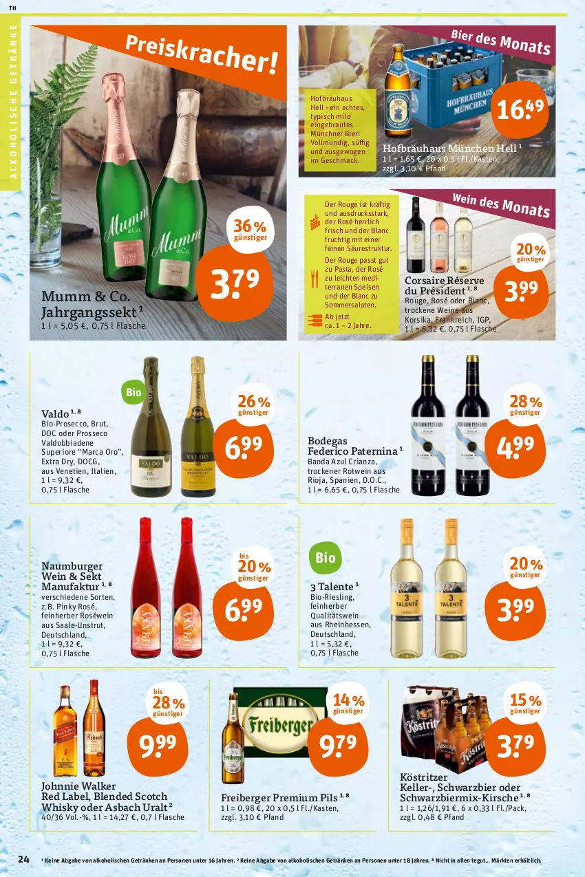 Aktueller Prospekt Tegut - Angebote der Woche - von 28.02 bis 05.03.2022 - strona 24 - produkty: alkohol, alkoholische getränke, asbach uralt, Berger, bier, bio, blended scotch, blended scotch whisky, brut, burger, Corsaire, ecco, eis, elle, ente, Faktu, flasche, Freiberger, frucht, getränk, getränke, jahrgangssekt, johnnie walker, kirsch, kirsche, köstritzer, mac, mumm, pasta, pils, premium pils, prosecco, qualitätswein, Ria, riesling, rioja, roséwein, rotwein, rouge, salat, salate, scotch, scotch whisky, sekt, Ti, valdo, wein, weine, whisky