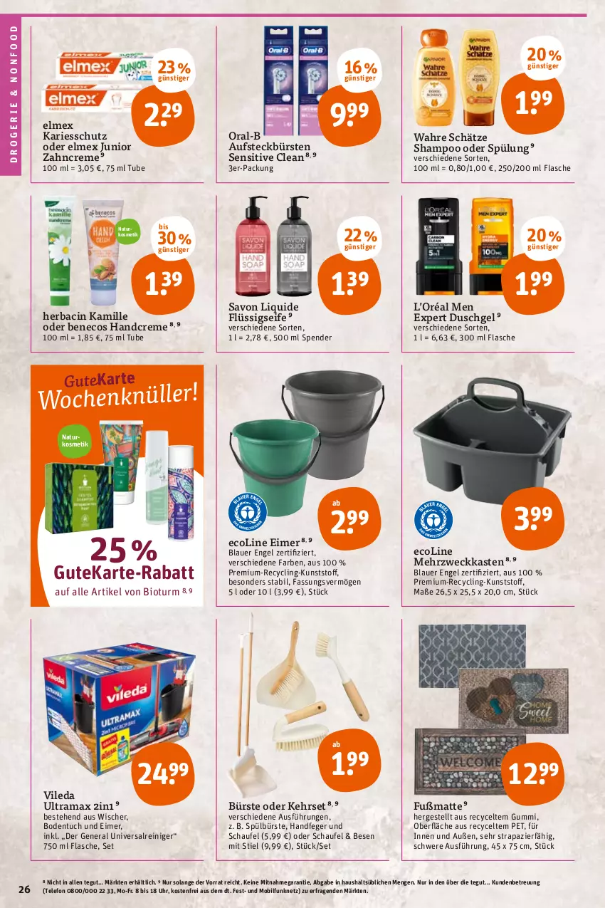 Aktueller Prospekt Tegut - Angebote der Woche - von 28.02 bis 05.03.2022 - strona 26 - produkty: auer, aufsteckbürsten, bio, bürste, bürsten, cin, Clin, creme, duschgel, eimer, elmex, Engel, flasche, flüssigseife, Fußmatte, handcreme, Kamill, kamille, kosmetik, natur, naturkosmetik, oral-b, rama, reiniger, Seife, shampoo, shampoo oder spülung, spülung, telefon, Ti, tuc, uhr, vileda, Wahre Schätze, weck, zahncreme