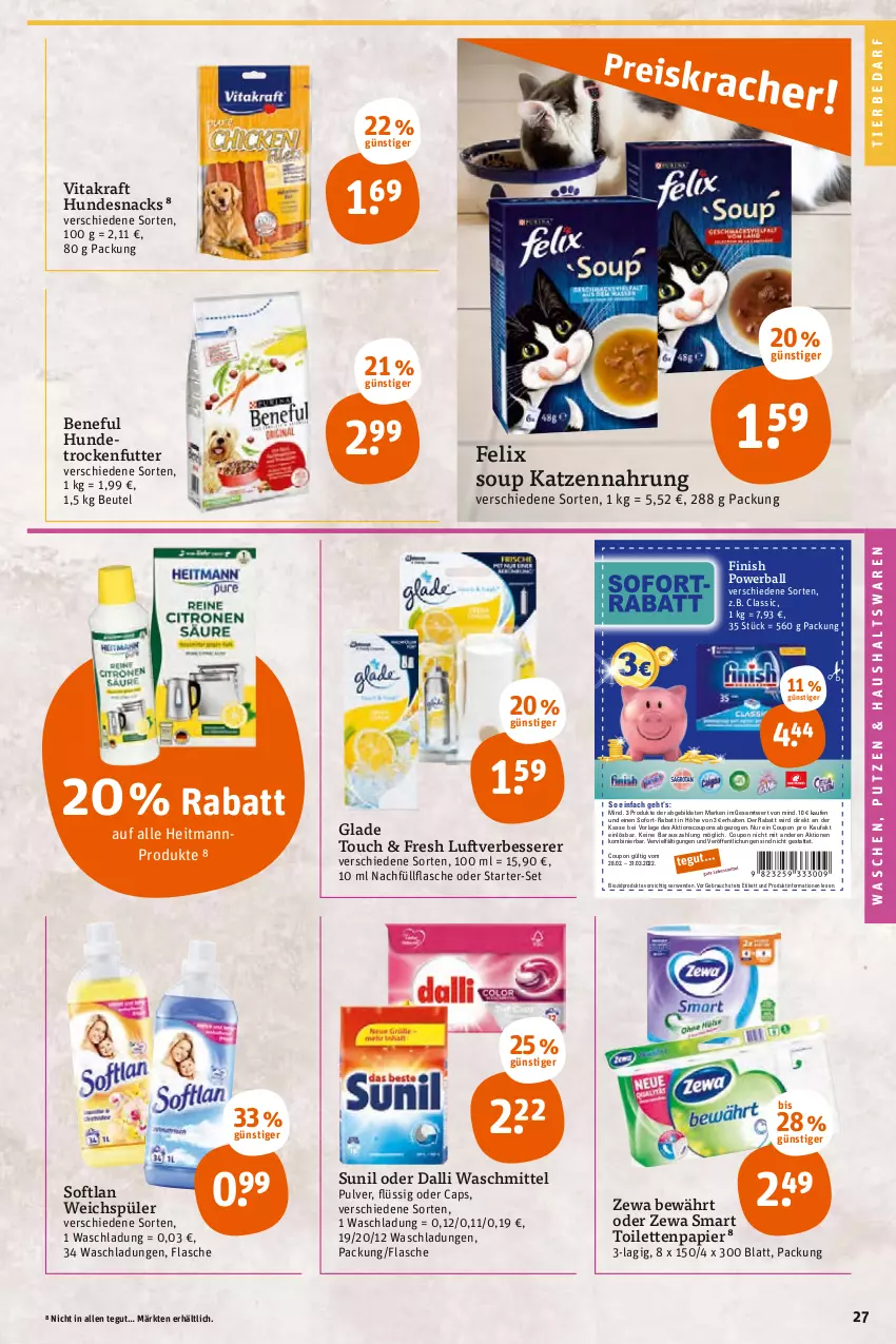 Aktueller Prospekt Tegut - Angebote der Woche - von 28.02 bis 05.03.2022 - strona 27 - produkty: ball, beutel, bio, biozidprodukte, Cap, coupon, coupons, dalli, felix, Finish, flasche, Glade, heitmann, hundesnack, hundesnacks, katzennahrung, kraft, papier, powerball, Rauch, rwe, snack, snacks, Softlan, sunil, Ti, tierbedarf, toilettenpapier, trockenfutter, vita, vitakraft, waschmittel, weichspüler, zewa