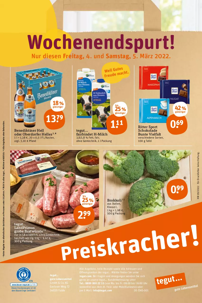 Aktueller Prospekt Tegut - Angebote der Woche - von 28.02 bis 05.03.2022 - strona 28 - produkty: alkohol, angebot, angebote, auer, Benediktiner, brokkoli, dekoration, drucker, elle, Engel, ente, Fulda, getränk, getränke, kerze, landprimus, lebensmittel, milch, rezept, rezepte, ritter, ritter sport, schoko, schokolade, Sport, Ti, uhr