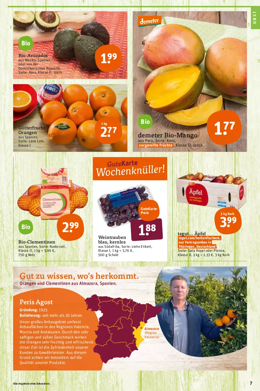 Aktueller Prospekt Tegut - Angebote der Woche - von 28.02 bis 05.03.2022 - strona 7 - produkty: angebot, angebote, avocado, avocados, Bau, bio, clementinen, dekoration, eis, frucht, früchte, korb, mac, mango, obst, orange, orangen, reis, ring, saft, Schal, Schale, Ti, trauben, wein